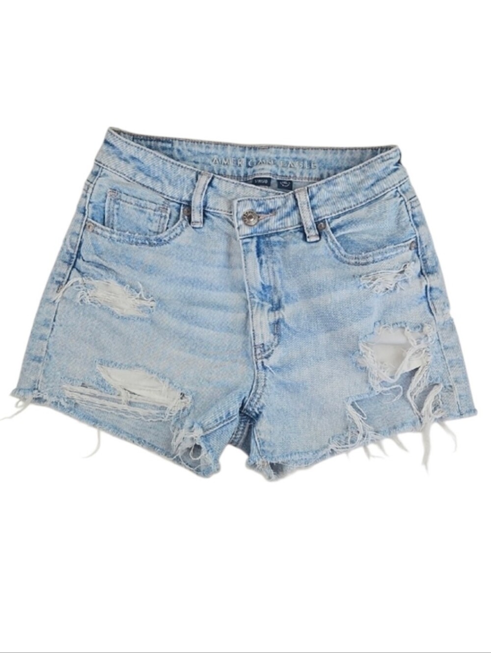 American Eagle Distressed Shredded Light Wash Denim Jean Shorts, Size 0 - Picture 5 of 5